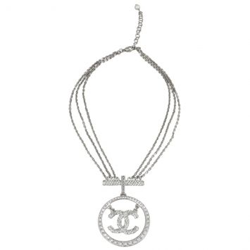 Chanel Crystal Pearl CC Circle Pendant Necklace Front
