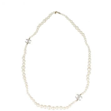 Chanel CC Glass Pearl Long Necklace Front