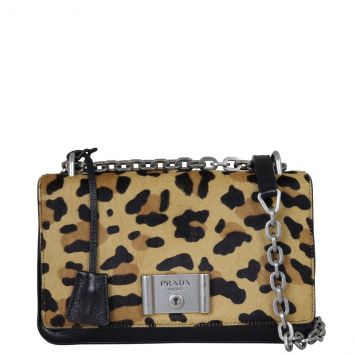 Prada Leopard Pony Hair Chain Flap Bag Front with Strap