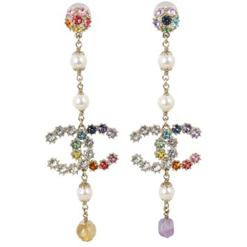 Chanel Crystal Pearl Over the Rainbow Long Drop Earrings