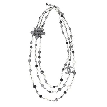 Chanel CC Pearl Bead Marble Resin Multi Strand Long Necklace