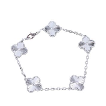 Van Cleef & Arpels Vintage Alhambra 5 Motif Guilloche 18k White Gold Bracelet