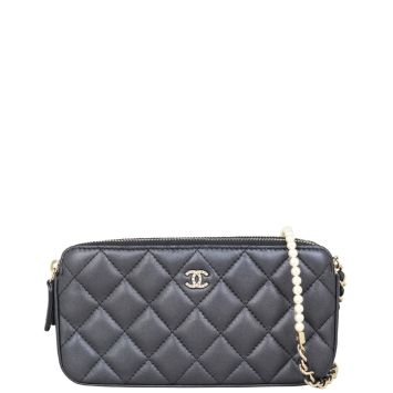 Chanel CC Double Zip Clutch with Pearl Chain Front with Strap