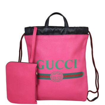 Gucci Leather Logo Drawstring Backpack Front with Pouch