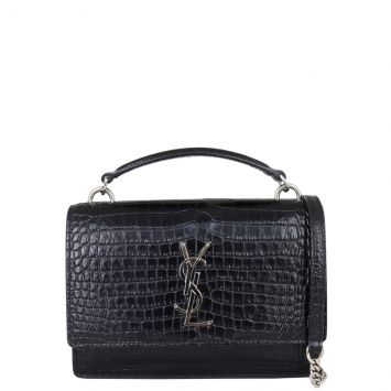 Saint Laurent Sunset Chain Wallet Croc Embossed Front with Strap