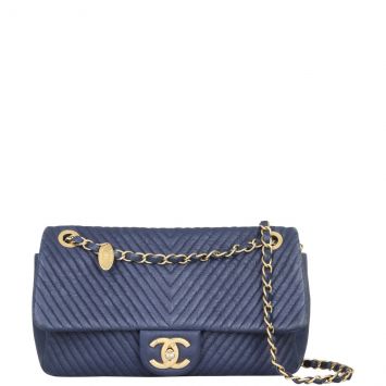 Chanel Surpique Chevron Single Flap Bag Front with strap