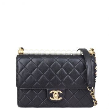 Chanel Pearl Chain Flap Bag Front with Strap