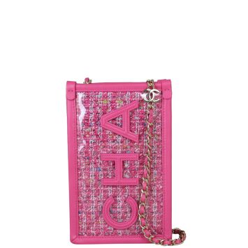 Chanel Logo Tweed Phone Clutch with Chain Front With Chain