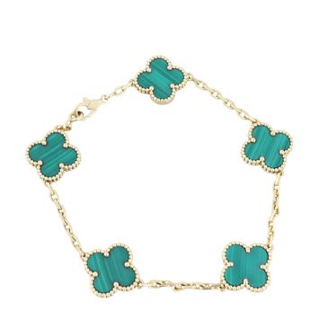 Van Cleef & Arpels Vintage Alhambra 5 Motif Malachite 18k Yellow Gold Bracelet 