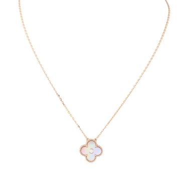 Van Cleef & Arpels Vintage Alhambra Holiday Pendant 2025 Pink Mother of Pearl Diamond 18k Rose Gold Necklace