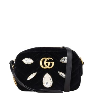 Gucci GG Marmont Velvet Mini Camera Bag Marquise Crystal