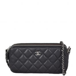 Chanel Blue Quilted Leather CC Double Zip Chain Clutch Chanel