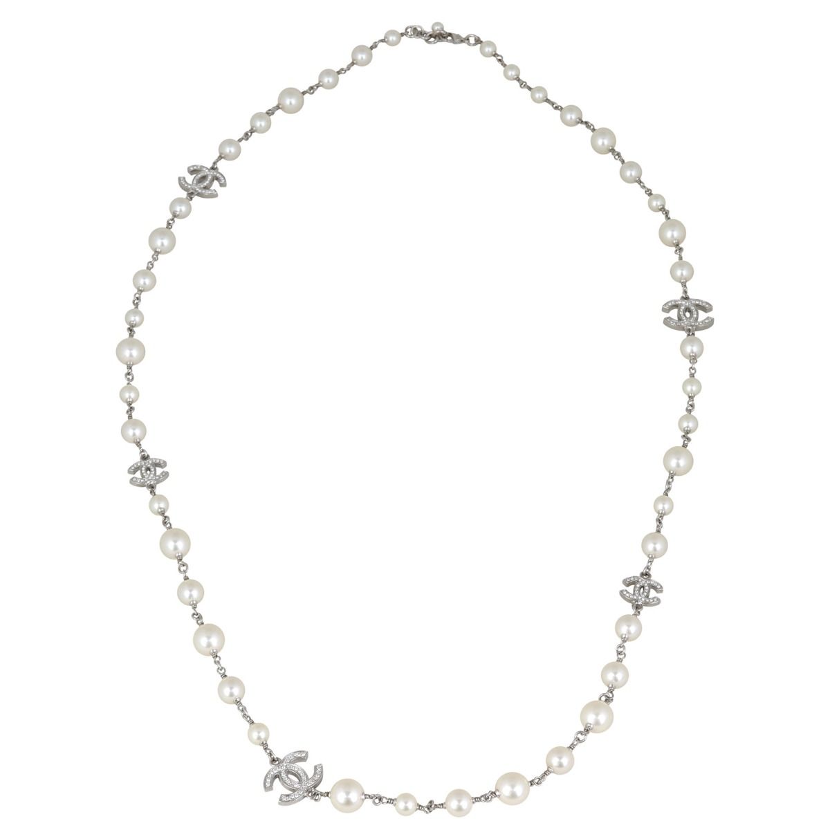 Chanel CC Glass Pearl Long Necklace Silver