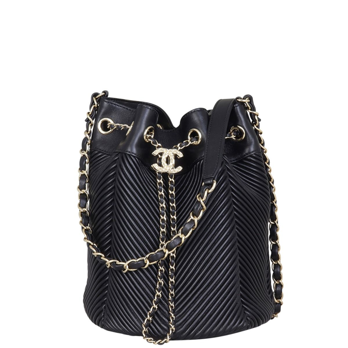Chanel Mini Drawstring Bucket Bag with Chain Metallic Silver Calfskin   Coco Approved Studio