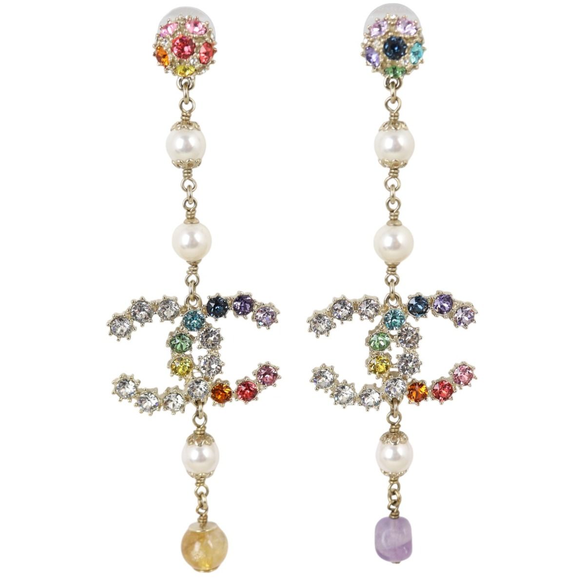 Chanel Crystal Pearl Over the Rainbow Long Drop Earrings