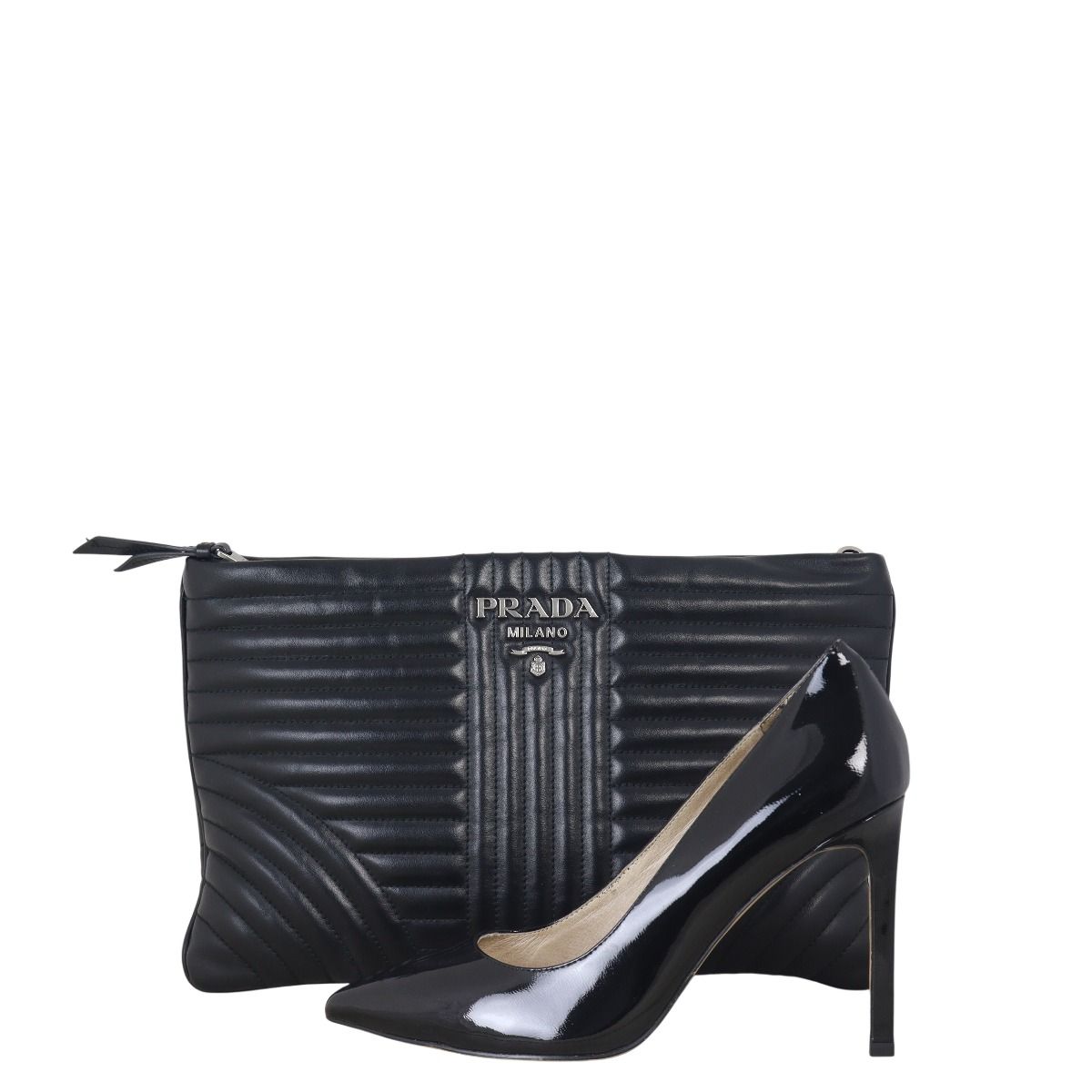 【PRADA】CLUTCH Prada Black Saffiano Metal Leather Flip Lock Wallet on Chain