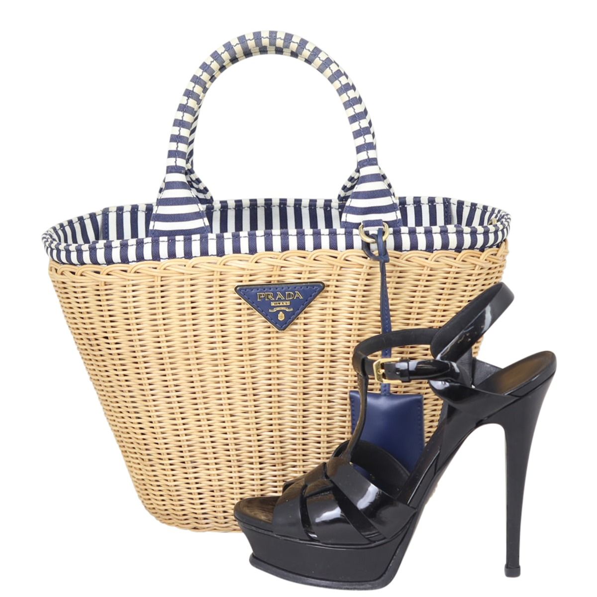 Prada Wicker and Striped Canvas Tote