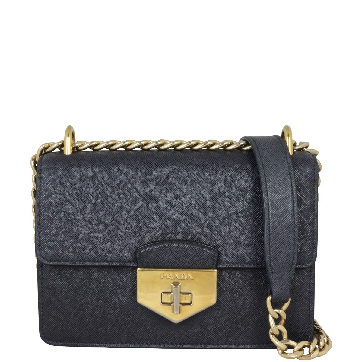 Prada Saffiano Turn Lock Chain Shoulder Bag