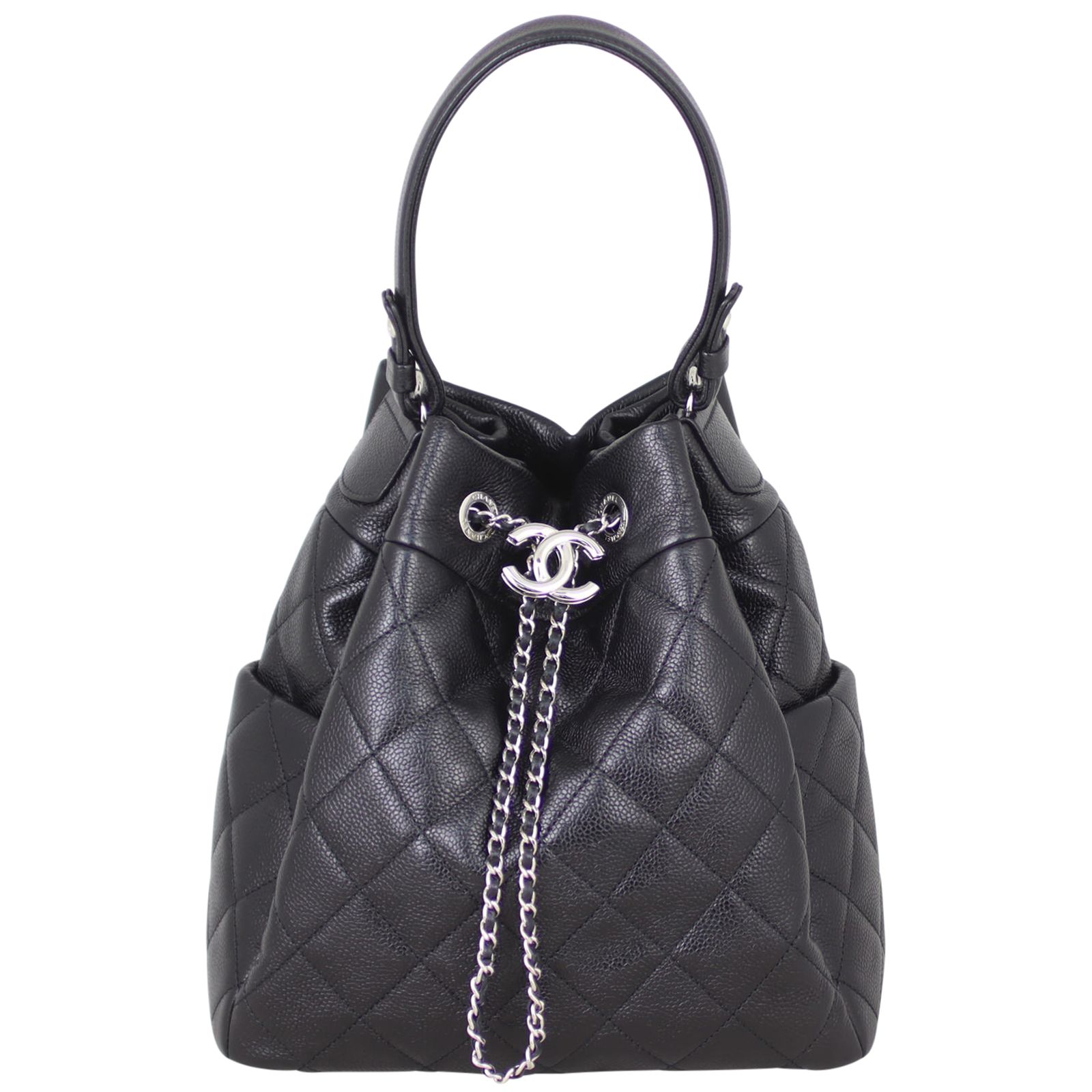 Chanel Quilted CC Drawstring Bucket Bag Black Soft
