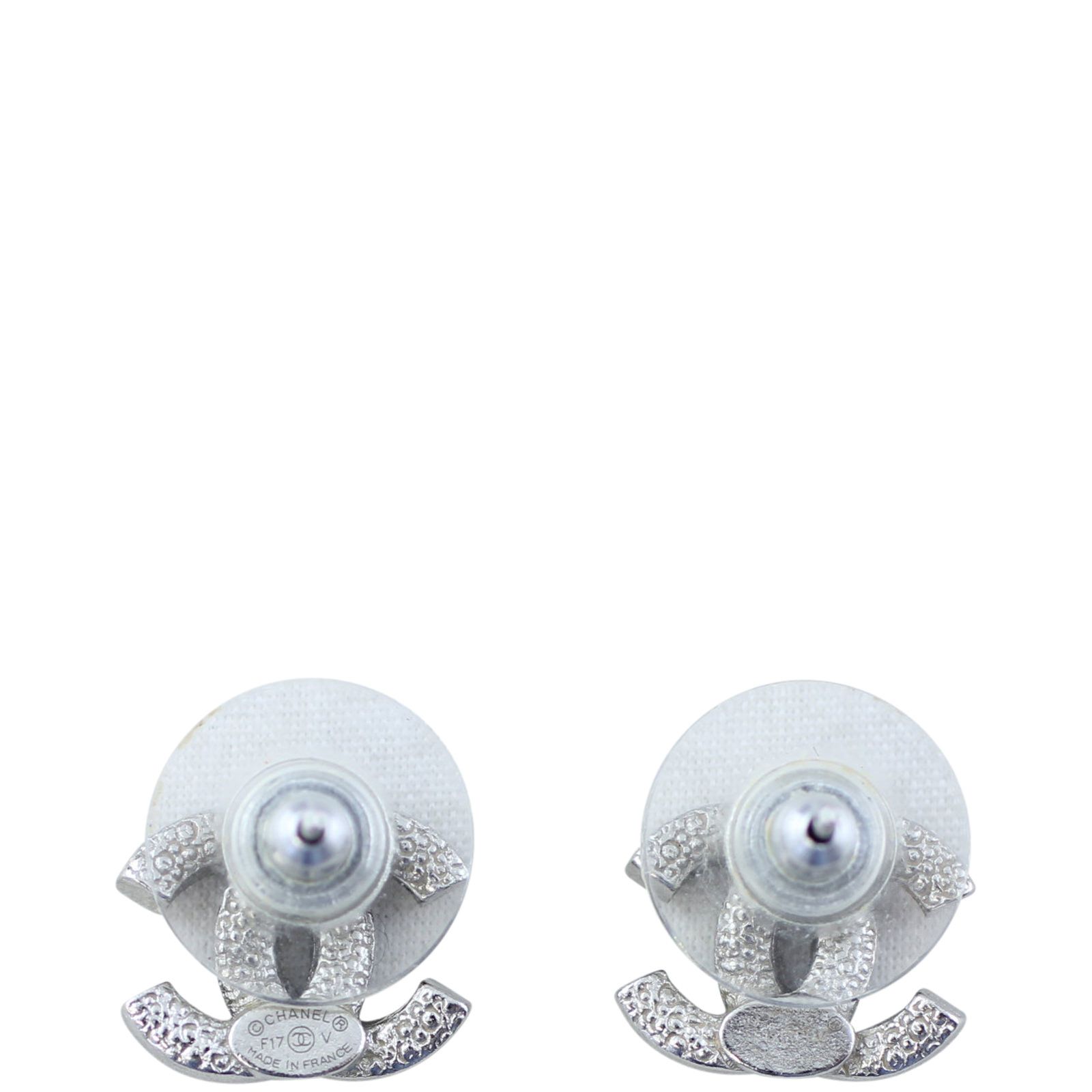 Chanel CC Crystal Stud Earrings Silver Tone Hardware
