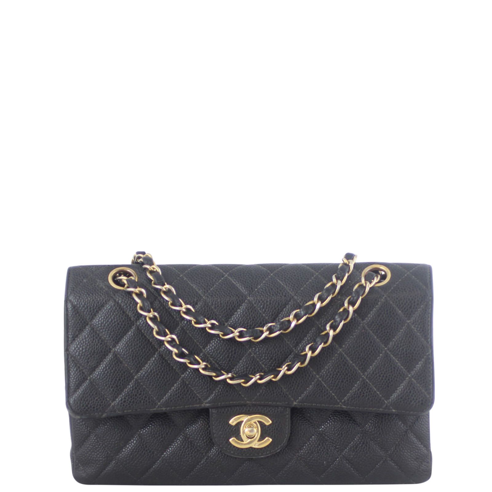 Chanel Classic Double Flap Medium Black Caviar Gold Hardware Double Chain Strap