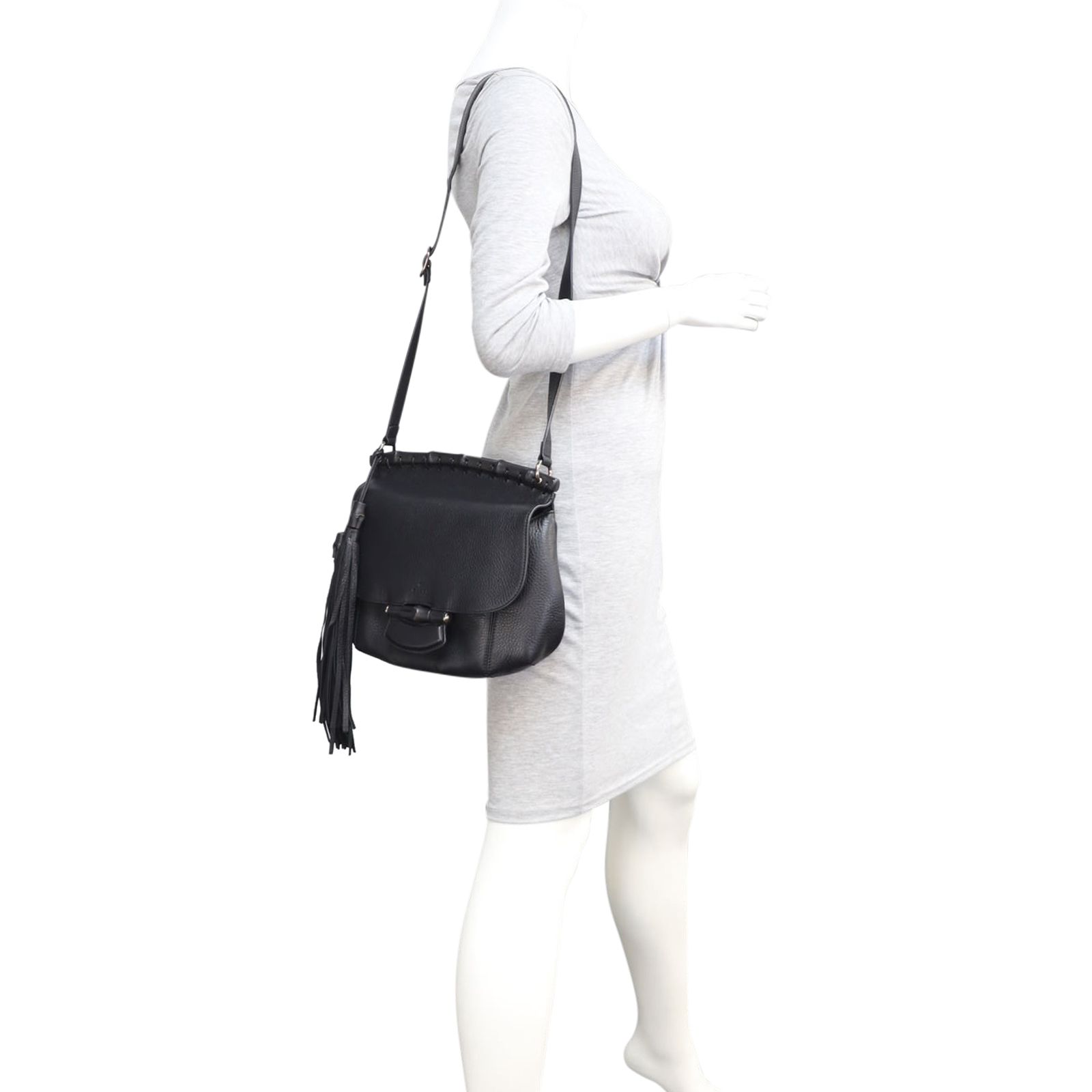 バッグ GUCCI FRINGE TASSEL LEATHER SHOULDER BAG Gucci Black Leather Bamboo Nouveau Fringe Tassel Shoulder