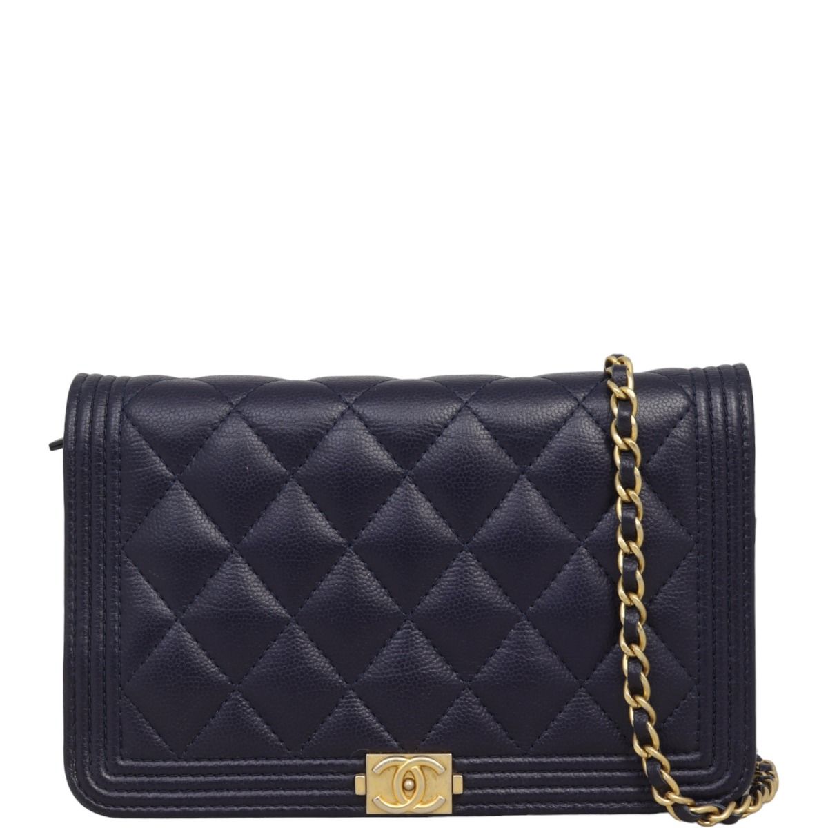 Chanel boy navy blue gold chain discount