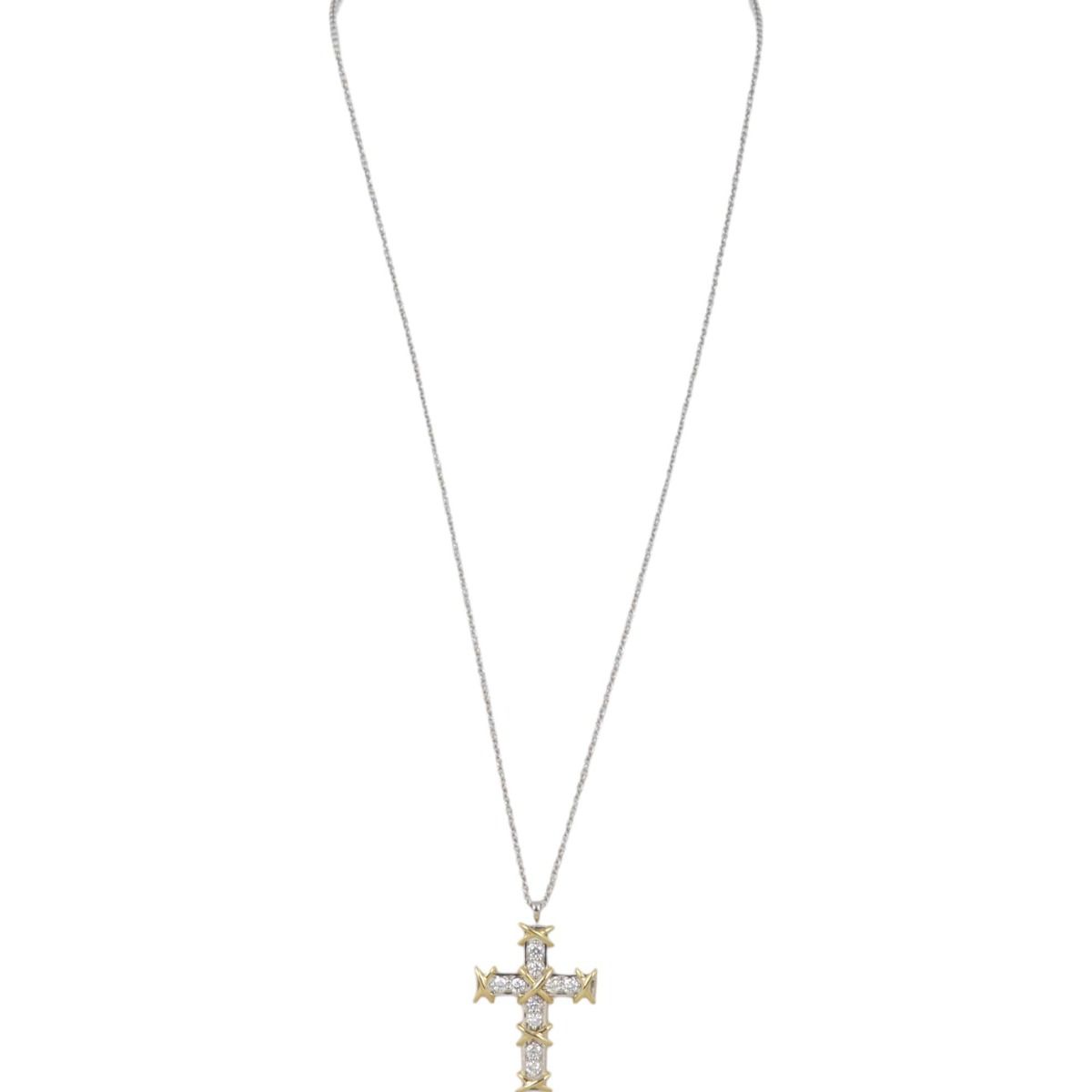 Tiffany Co Ten Cross 18k Gold and Platinum Diamond Pendant Necklace