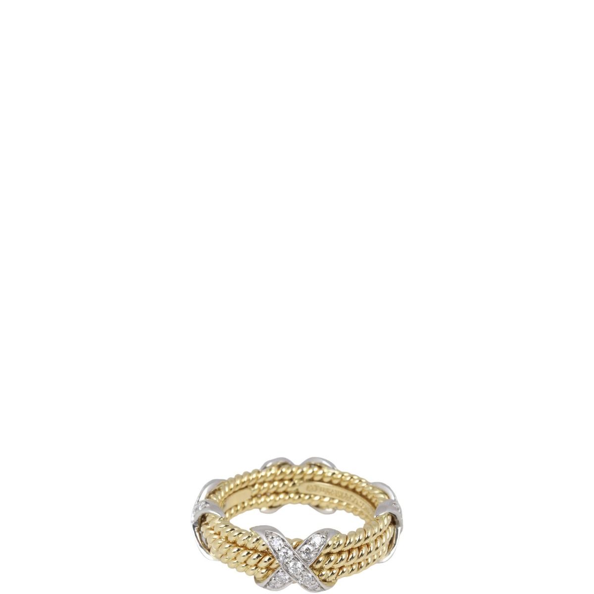 Tiffany Co Schlumberger Rope Three Row X 18K Yellow Gold Platinum Diamond Ring