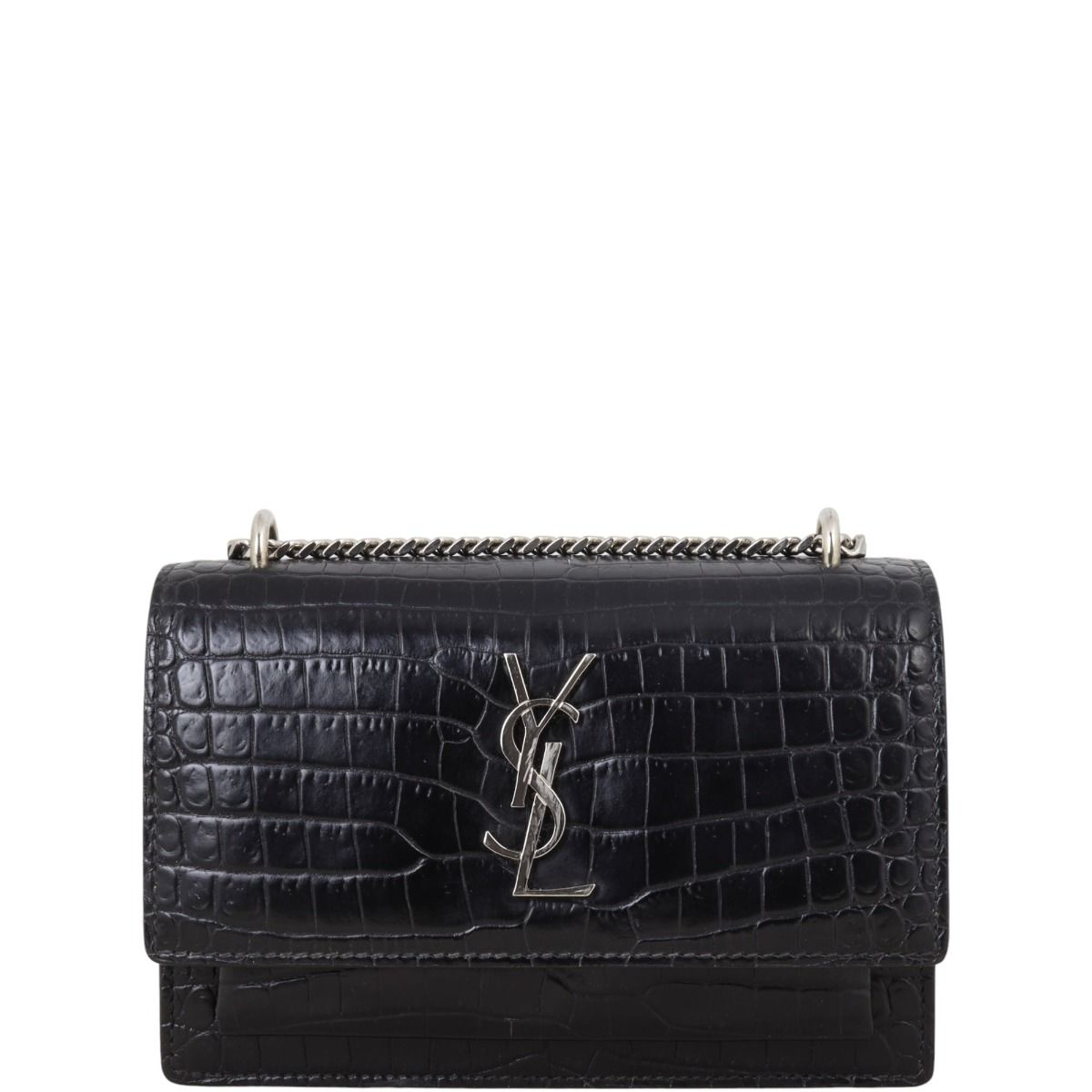Saint Laurent Sunset Chain Wallet Croc Embossed