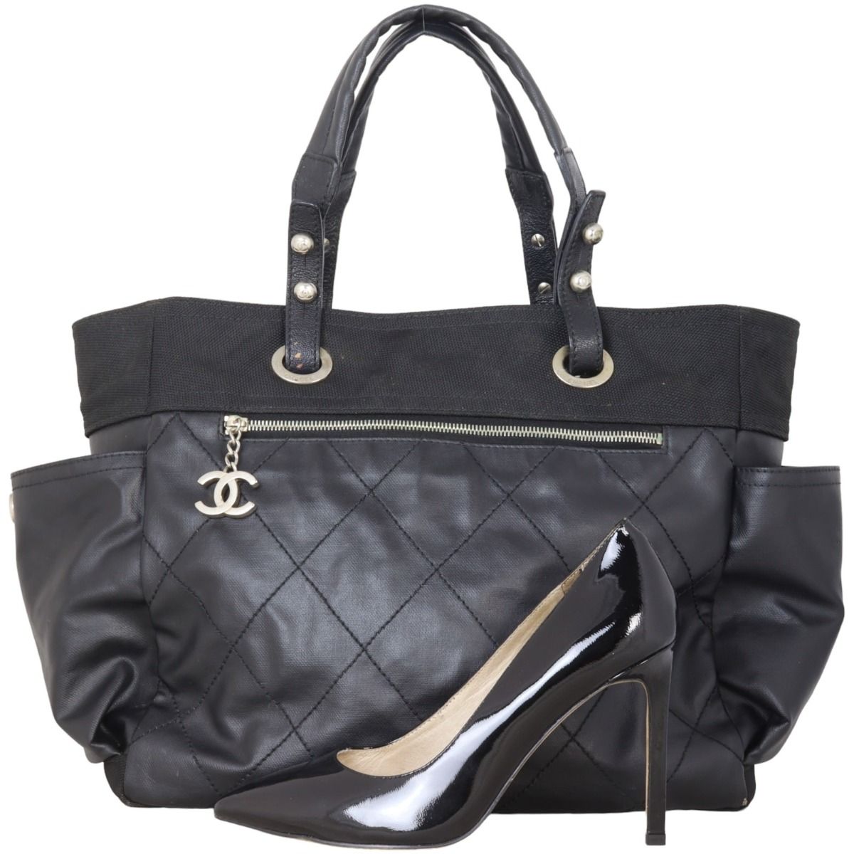 CHANEL Paris Biarritz MM Tote Bag Coated Canvas Gold Tone Silver CC Auth  bs17902 | eBay