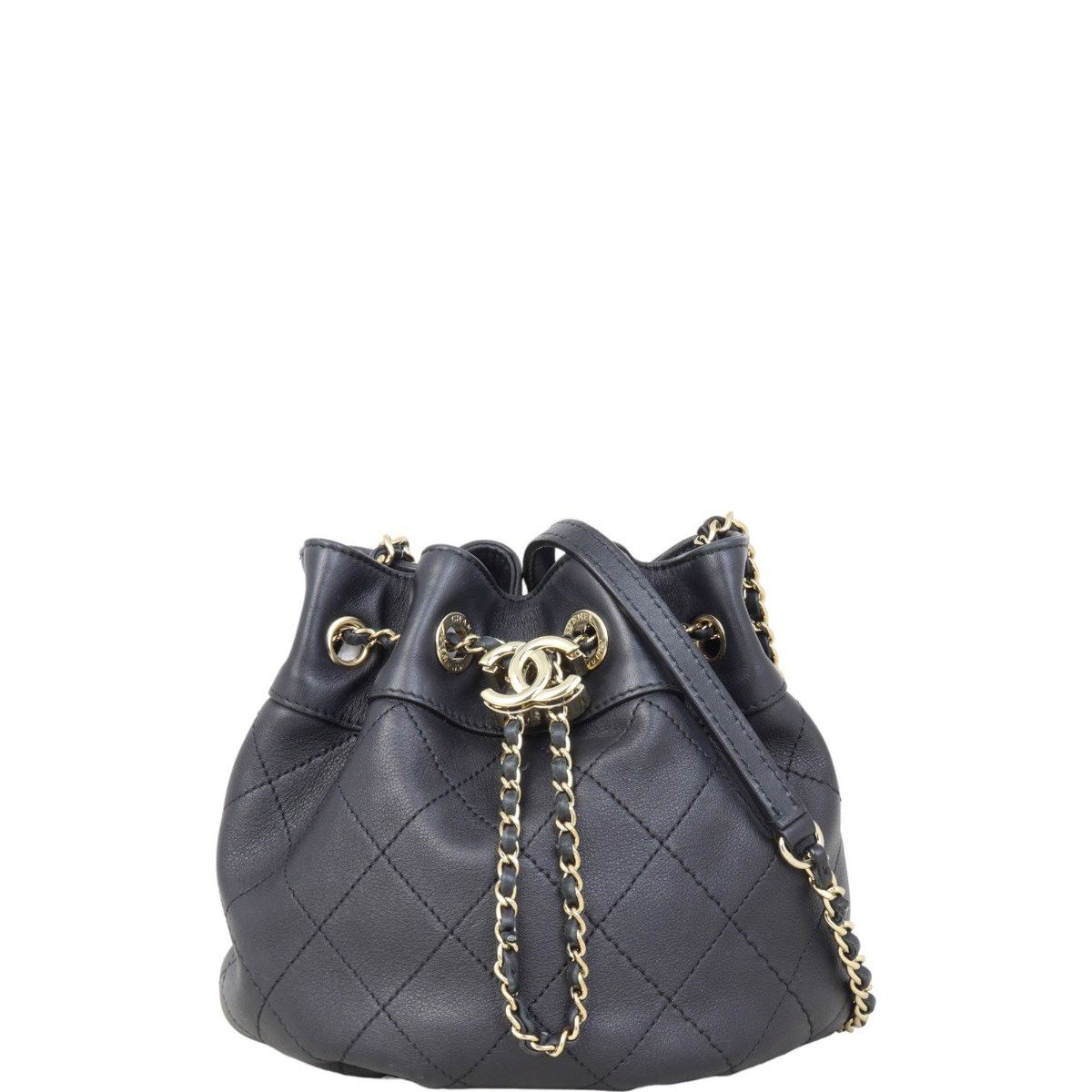 Chanel Quilted CC Drawstring Bucket Bag Black Lambskin