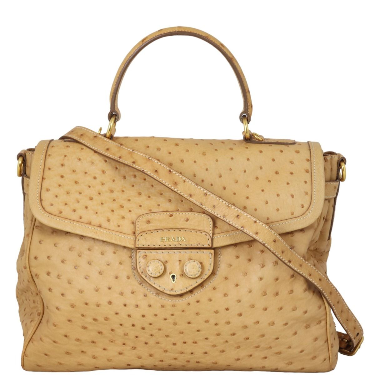 Prada Ostrich Pushlock Flap Top Handle Bag