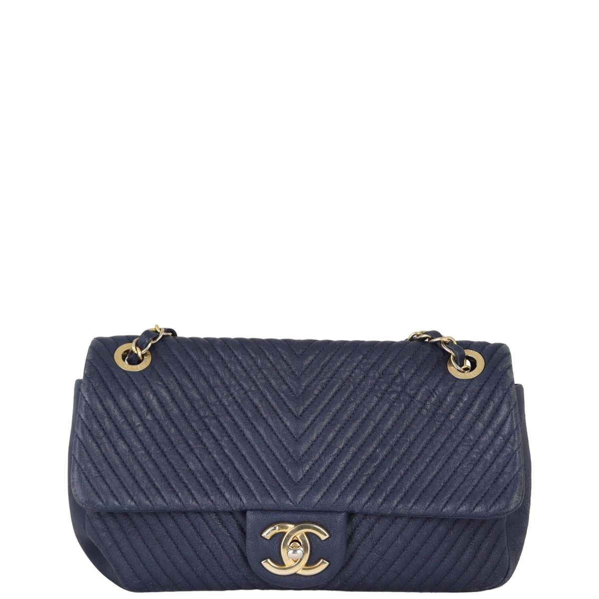 Chanel Surpique Chevron Single Flap Bag Navy Blue