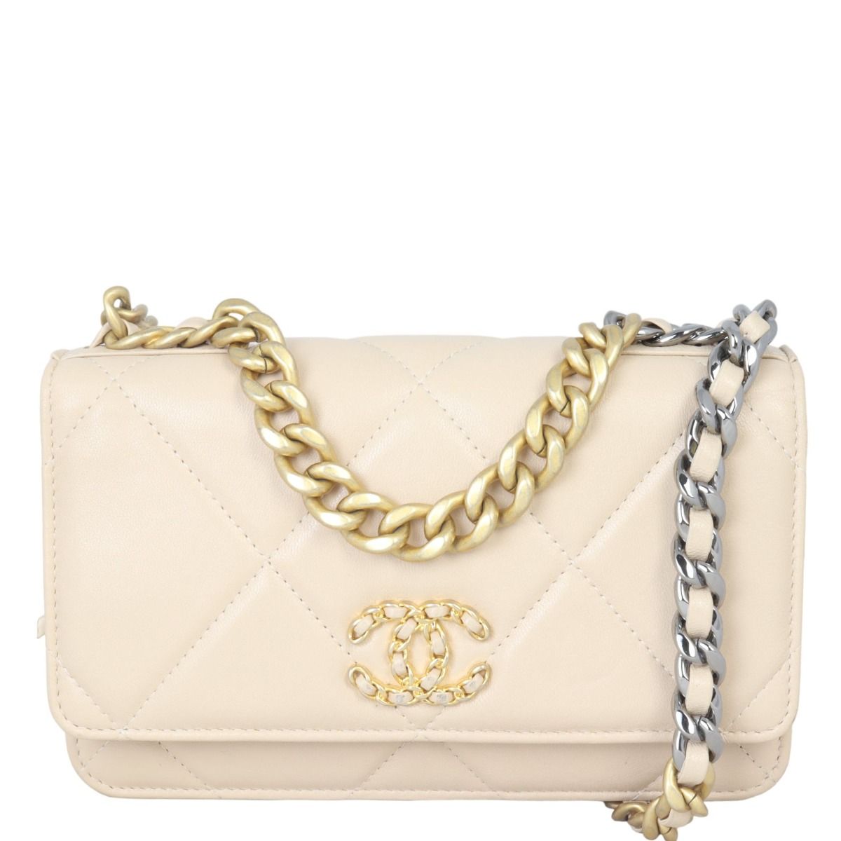 CHANEL Goatskin Quilted Chanel 19 Wallet On Chain WOC White 552465