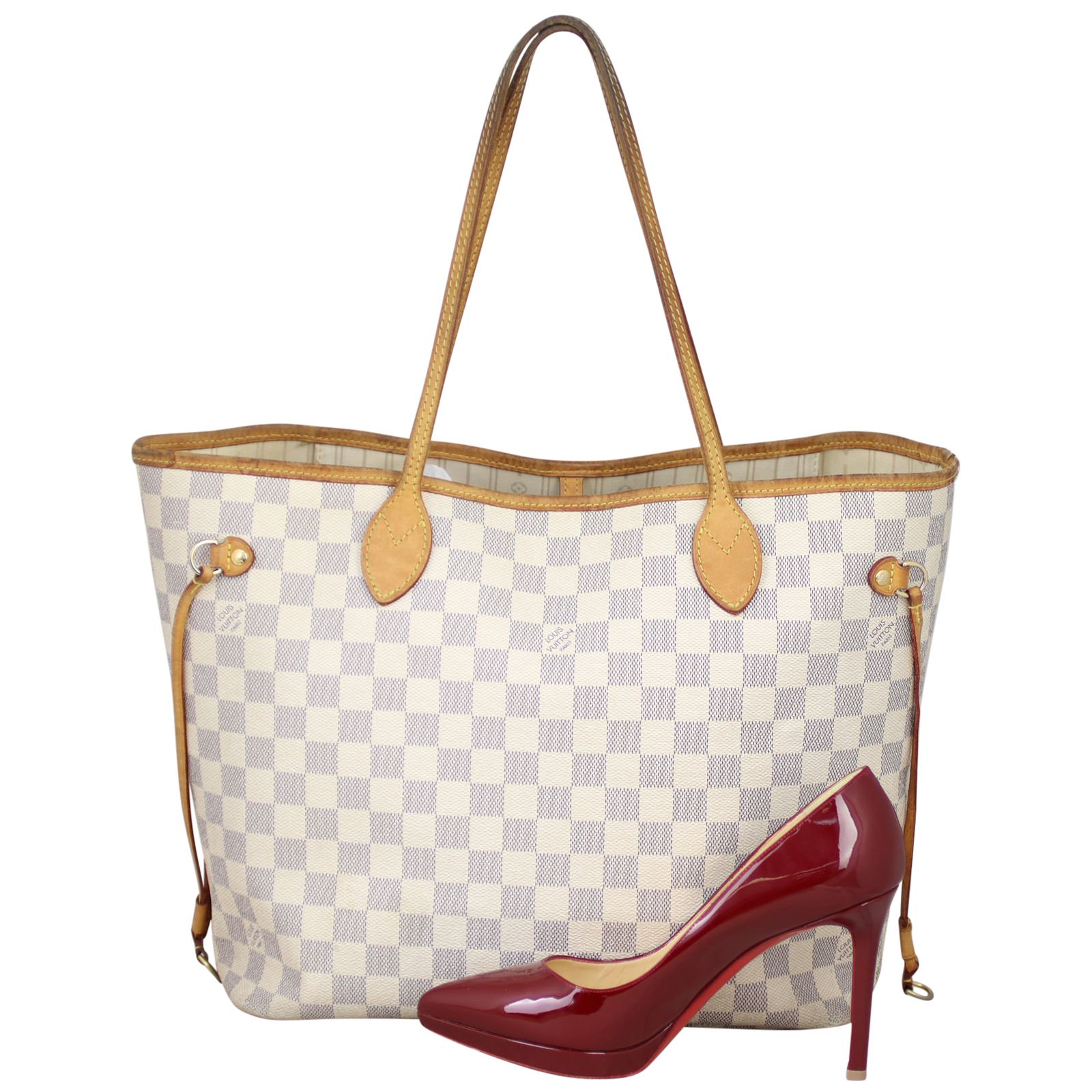 Louis Vuitton Damier Azur Neverfull MM including the removable clutch/pouch.  Pink Interior Very Good Condition Resale Price $1,100