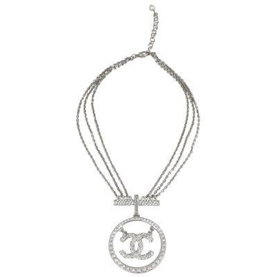 Chanel Crystal Pearl CC Circle Pendant Necklace Front