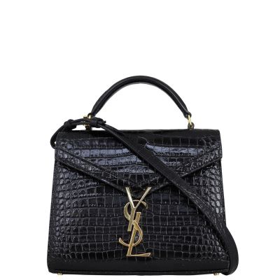 Saint Laurent Cassandra Top Handle Mini Croc-Embossed Front with strap