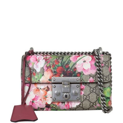 Gucci GG Supreme Blooms Padlock Small Shoulder Bag Front with Strap