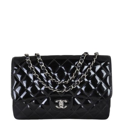 Chanel Classic Single Flap Jumbo Patent Front Showing Chain