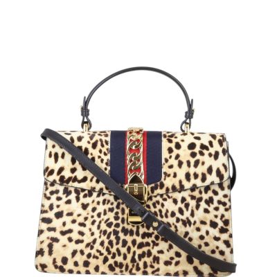 Gucci Sylvie Top Handle Medium Bag Leopard Calf Hair
