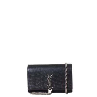 Saint Laurent Kate Tassel Chain Wallet Croc-Embossed
