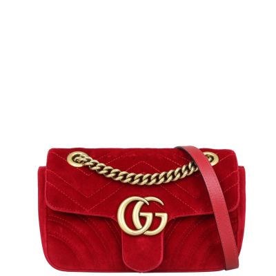 Gucci GG Marmont Velvet Mini Shoulder Bag Front with strap
