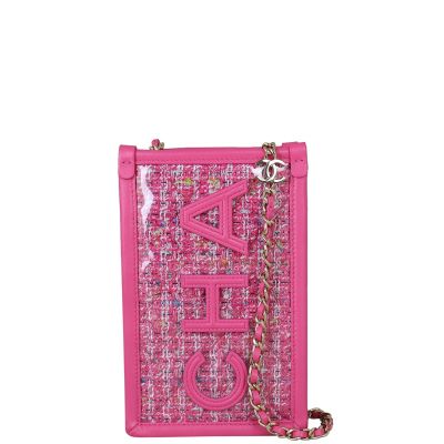 Chanel Logo Tweed Phone Clutch with Chain Front With Chain