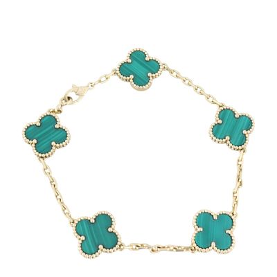 Van Cleef & Arpels Vintage Alhambra 5 Motif Malachite 18k Yellow Gold Bracelet 