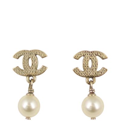 Chanel CC Glass Pearl Drop Earrings front