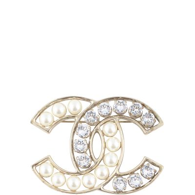 Chanel CC Pearl and Crystal Brooch Front