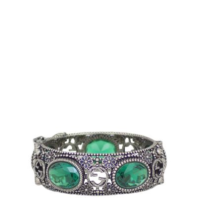 Gucci GG Sterling Silver and Crystal Hinged Bracelet Front