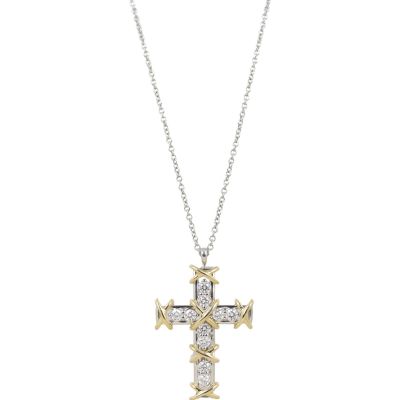 Tiffany Co Ten Cross 18k Gold and Platinum Diamond Pendant Necklace