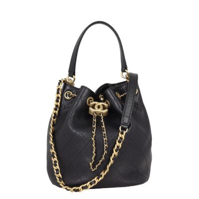 Chanel Quilted CC Drawstring Bucket Bag Caviar